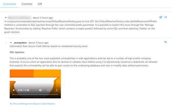 Secure-Code-Warrior im Pull-Request-Kommentar