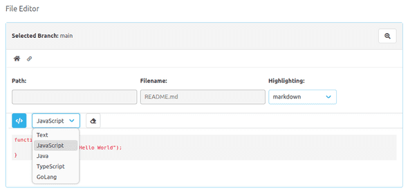 Code block language selection