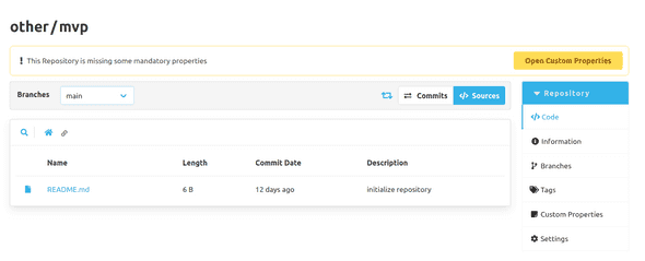 Banner indicating that mandatory custom properties are still missing in this repository