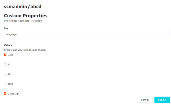 Creation of a custom property with multiple choice