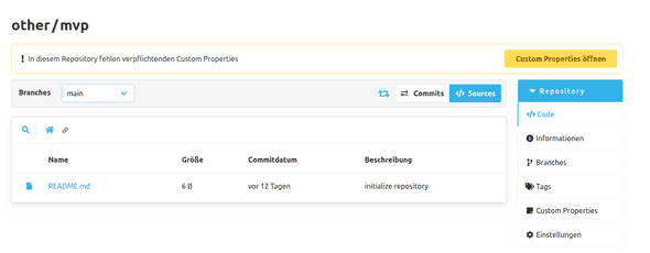 Banner mit dem Hinweis, dass in diesem Repository noch Custom Properties mit Pflichtwerten fehlen