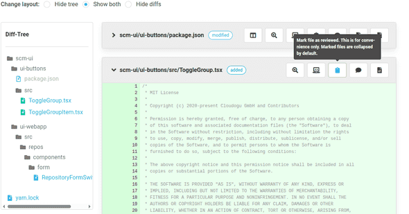 Screenshot of a pull request with a reviewed file in the file tree